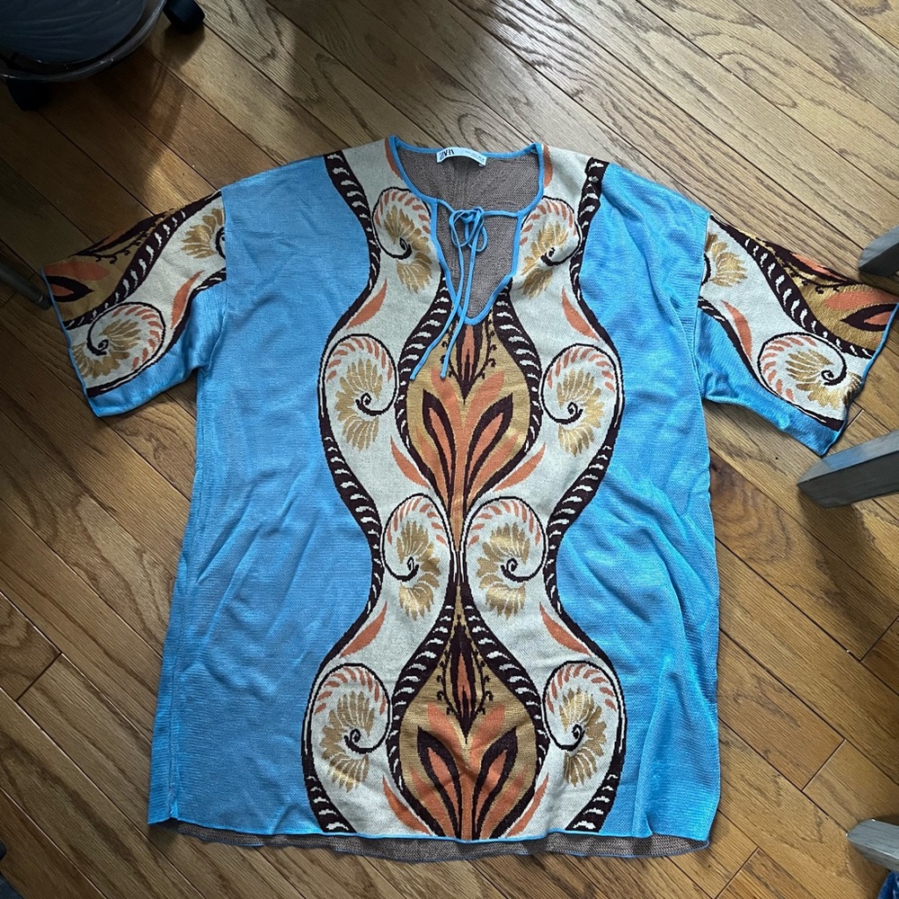 Zara Oversized Boho Knit Tunic Sweater Dress Floral Jacquard